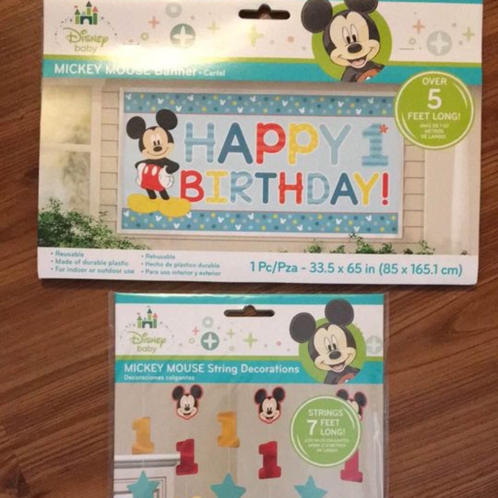 BRAND NEW sealed Mickey Mouse 1st birthday decorations (banner and strings)
